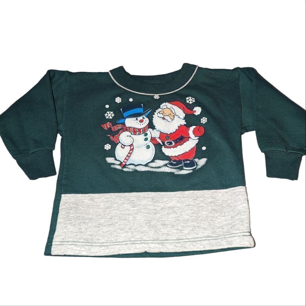 Vintage green & gray holiday Christmas Santa‎ & snowman sweatshirt